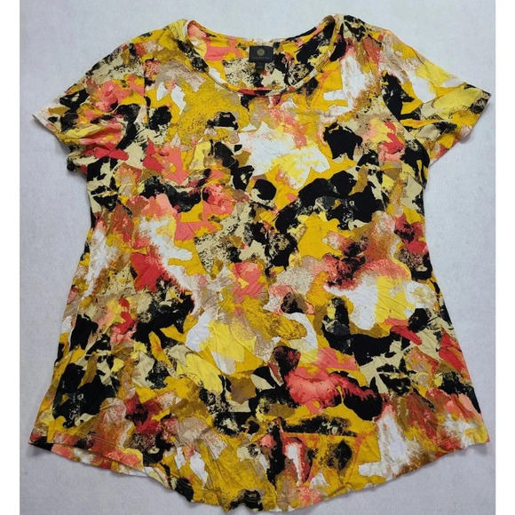 JM Collection Top Blouse Womens Size XL Short Sleeve Yellow Black Peach Abstract - Picture 1 of 5